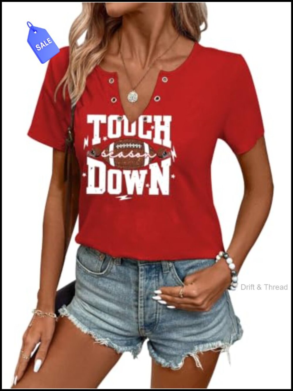 Women's Football Game Day Graphic T-Shirt Notch Neck Short Sleeve Top